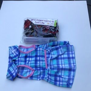 Doggie boots and blue & pink plaid dress bundle
